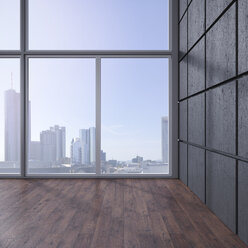 Empty room with wooden floor, concrete wall and view at skyline, 3D Rendering - UWF000625