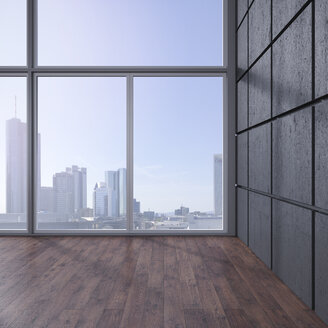 Leerer Raum mit Holzboden, Betonwand und Blick auf Skyline, 3D Rendering - UWF000625