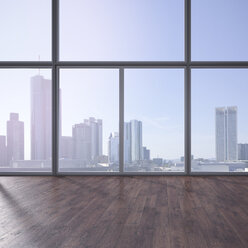 Empty room with wooden floor and view at skyline, 3D Rendering - UWF000626