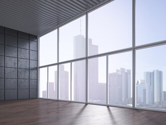 Empty room with wooden floor, concrete wall and view at skyline, 3D Rendering - UWF000627