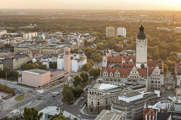 Germany, Saxony, Leipzig, View to New Townhall, St. Trinitatis and Federal Administrative Court at sunset - MELF000093