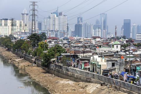 Indonesia, Jakarta, Cityview, slum with sewer stock photo