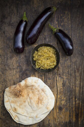 Bowl of Baba Ghanoush with flat bread - LVF003990