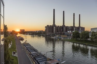 Germany, Lower Saxony, Wolfsburg, Autostadt at sunset, combined heat and power station of Volkswagen - PVCF000697