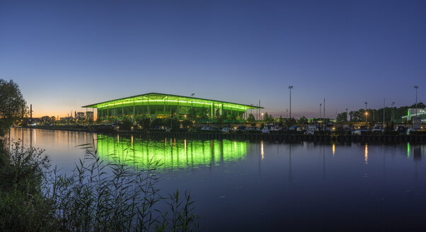 Germany, Lower Saxony, Wolfsburg, Autostadt, Volkswagen Arena in the evening - PVCF000707