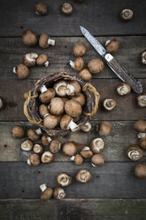 Crimini mushrooms in basket, pocket knife on wood - LVF004002