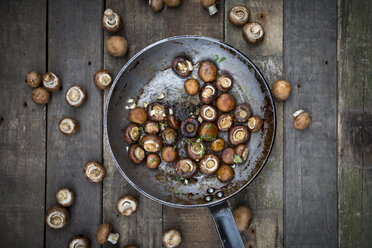 Crimini-Pilze mit Knoblauch und Basilikum in der Pfanne, geschmort - LVF004016