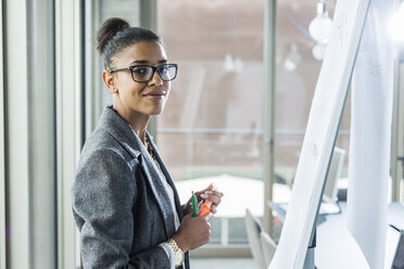 Porträt einer selbstbewussten jungen Frau im Büro am Flipchart - UUF005801