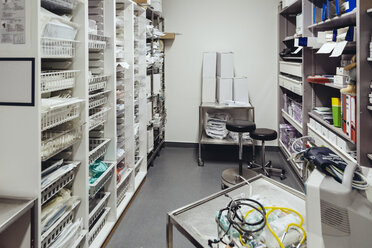 Back room of operating room with sterile instruments in shelves for surgery - MFF002332