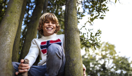 Blond boy wearing pullover with Norwegian Flag sitting between two trees - MGOF000867