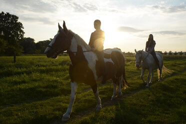 Junge Frauen reiten in einem Feld bei Sonnenuntergang - BFRF001561