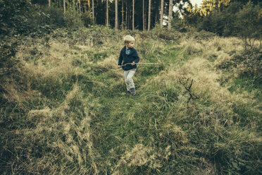 Little boy exploring forest, walking in grass with his stick - MFF002439