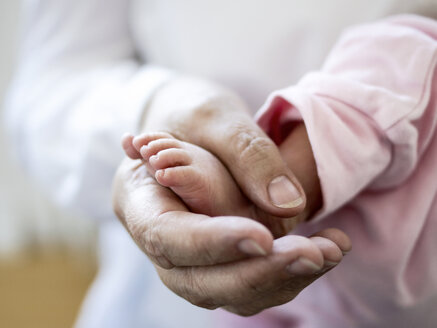 Kleiner Babyfuß in der Hand der Großmutter - HOHF001365