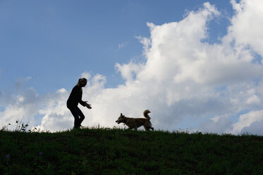 Silhouetten einer Frau und ihres Hundes auf einer Wiese - CRF002721