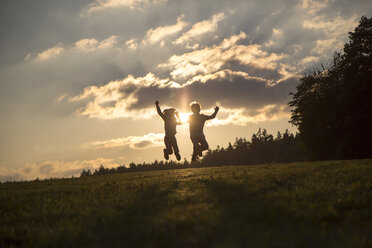 Silhouetten von zwei Kindern, die nebeneinander auf einer Wiese bei Gegenlicht springen - SARF002234