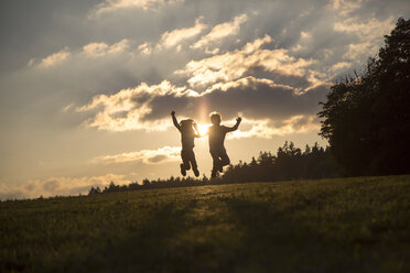 Silhouettes of two children jumping side by side on a meadow at backlight - SARF002234