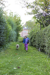Kleines Mädchen läuft mit ihrem Mischling auf einer Wiese - JFEF000735