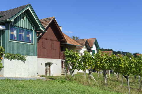Österreich, Burgenland, Kohfidisch, Csaterberg, Dorf mit rustikalen Häusern, lizenzfreies Stockfoto