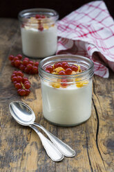 Ein Glas Joghurt mit Müsli, Cornflakes und roten Johannisbeeren - LVF004090