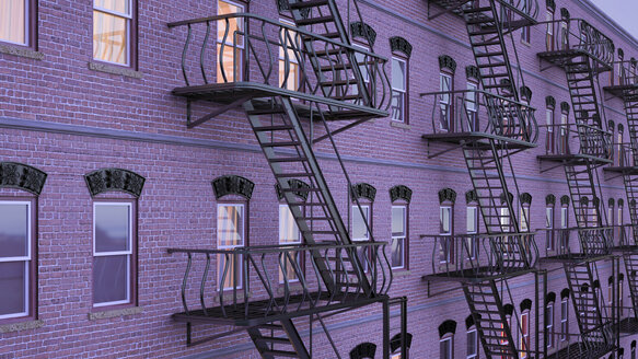 Fassade eines Mehrfamilienhauses mit Fluchttreppenhäusern zur blauen Stunde, 3D Rendering - UWF000645