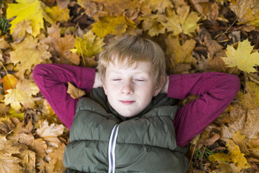 Porträt eines Jungen mit geschlossenen Augen, der sich auf Herbstblättern auf dem Boden ausruht - SARF002258