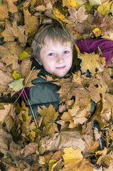 Porträt eines Jungen, der auf dem mit Herbstblättern bedeckten Boden liegt - SARF002260