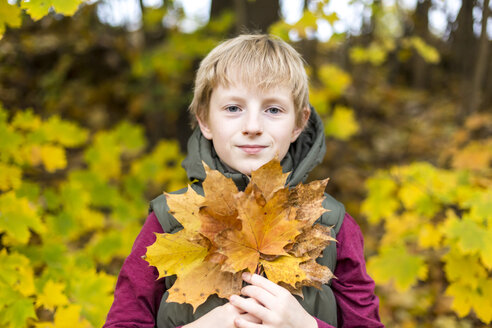 Porträt eines Jungen, der einen Strauß Herbstblätter hält - SARF002262