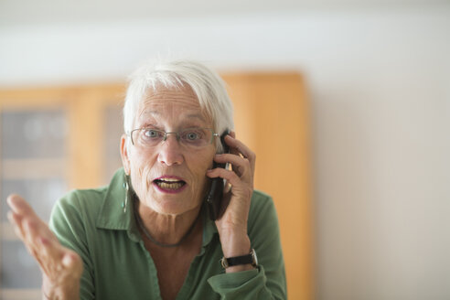 Portrait of white haired senior woman telephoning at home - SGF001934