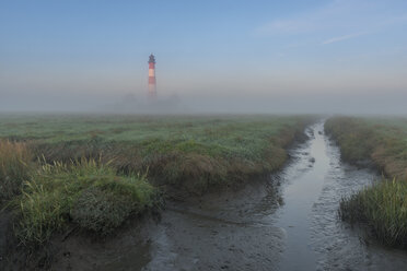 Deutschland, Schleswig-Holstein, Nordseeküste, Blick auf den Leuchtturm Westerheversand, Nebel - KEBF000278