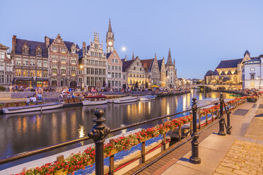 Belgium, Ghent, old town, Graslei, historical houses at River Leie at dusk - WDF003374