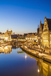 Belgium, Ghent, old town, Graslei, historical houses at River Leie at blue hour - WDF003379