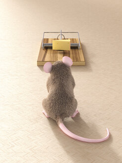 Maus schaut auf ein Stück Käse in einer Mausefalle - AHUF000061