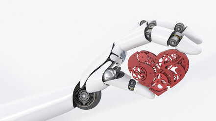 Roboterhand, die ein Herz aus Zahnrädern hält - AHUF000064