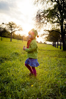 Germany, Baden-Wuerttemberg, little girl on a meadow at evening twilight - LVF004120