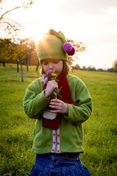 Germany, Baden-Wuerttemberg, little girl on a meadow smelling flowers at evening twilight - LVF004124