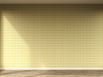 3D rendering of interior wall with old wallpaper and wooden floor - UWF000652