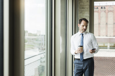 Portrait of businessman with coffee to go looking at his smartphone - UUF005967
