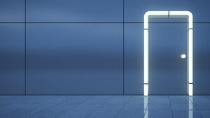 Tür aus Neonröhren auf blauer Metallwand - UWF000665