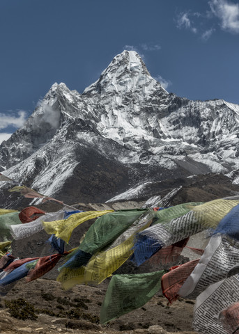 Nepal, Himalaya, Khumbu, Pangboche, Ama Dablam and prayer flags stock photo
