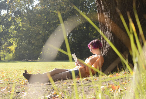 Junge Frau mit digitalem Tablet im Park - BFRF001643