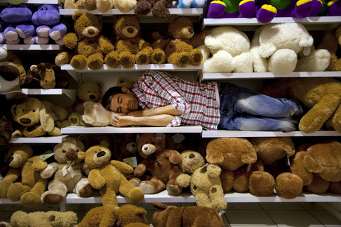 Mann schläft auf einem Regal zwischen Stofftieren in einem Supermarkt, lizenzfreies Stockfoto