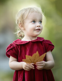 Porträt eines blonden kleinen Mädchens im roten Kleid, das ein Herbstblatt hält - NIF000061
