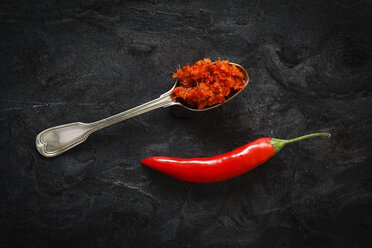 Spoon of homemade chili paste and chili pod on black ground - EVGF002507