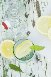 Slice of lemon and mint in water glass, bottle - ASF005762