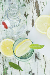 Zitronenscheibe und Minze im Wasserglas, Flasche - ASF005762