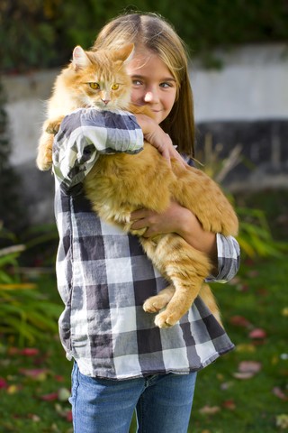 Girl holding tabby cat on her arms stock photo