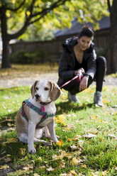 Dog sitting on a meadow while his owner watching him from background - MAUF000046