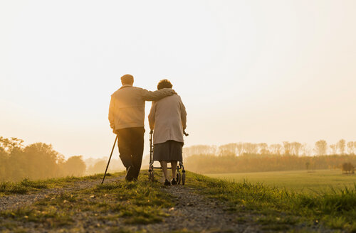 Älteres Ehepaar geht mit Gehstock und Rollator in der Natur spazieren - UUF006162