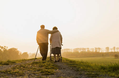 Senior couple walking with walking stick and wheeled walker in the nature - UUF006162