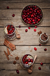 Gläser mit Cranberrysaft mit frischen Cranberries, Zitronenscheiben und Gewürzen auf Holz - CZF000232
